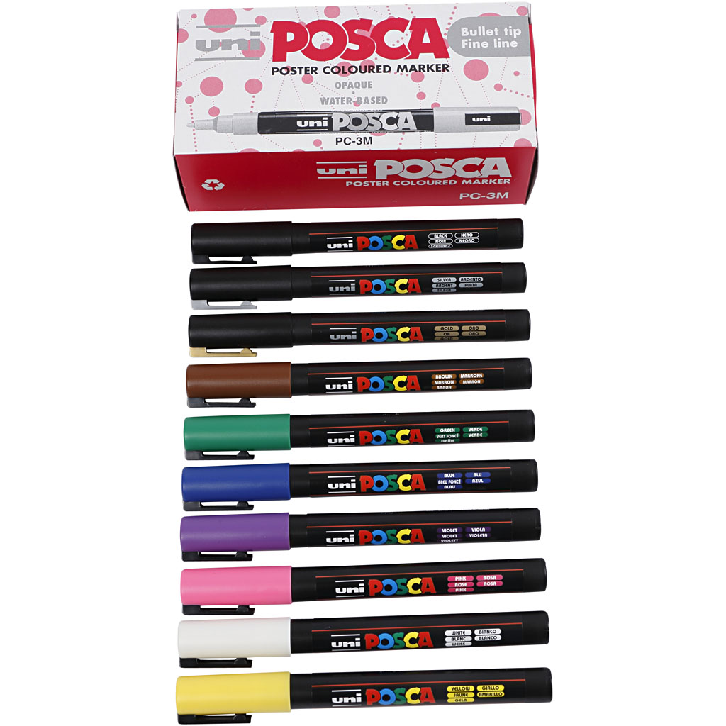 Set Posca Marker, diverse kleuren, afm PC-3M, lijndikte 0,9-1,3 mm, fijn, 12 stuk/ 1 doos