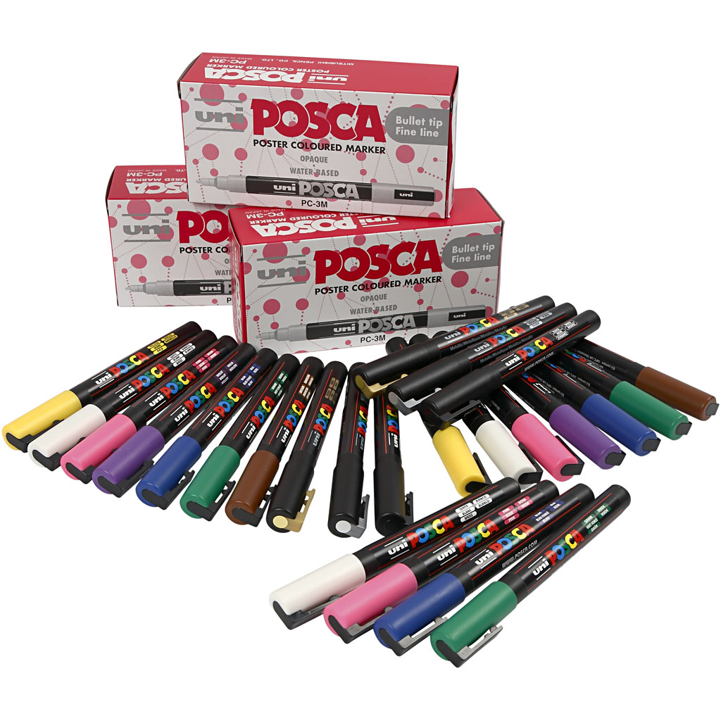Set Posca Marker, diverse kleuren, afm PC-3M, lijndikte 0,9-1,3 mm, fijn, 12 stuk/ 1 doos