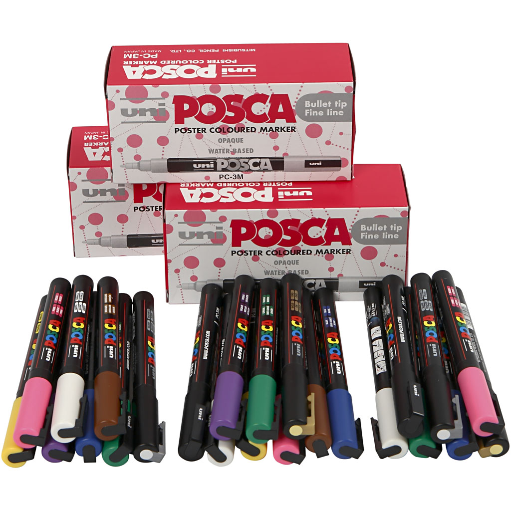 Set Posca Marker, diverse kleuren, afm PC-3M, lijndikte 0,9-1,3 mm, fijn, 12 stuk/ 1 doos