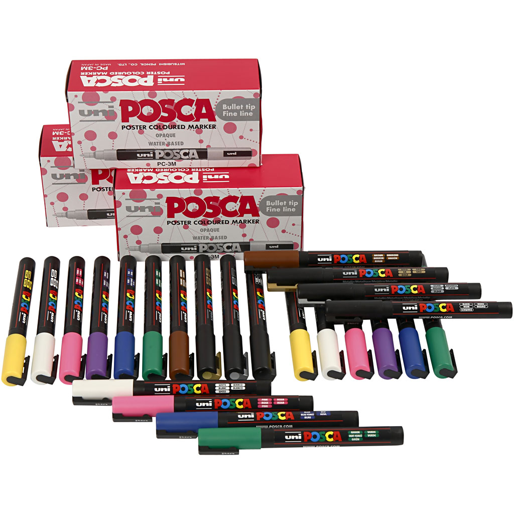 Set Posca Marker, diverse kleuren, afm PC-3M, lijndikte 0,9-1,3 mm, fijn, 12 stuk/ 1 doos