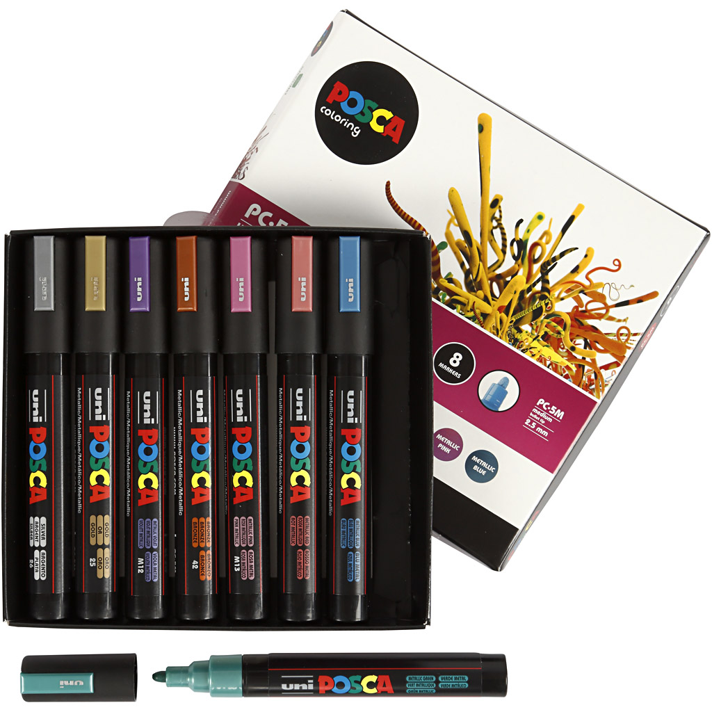 Set Posca Marker, lijndikte: 2,5 mm, PC-5M, 8 stuks, metallic kleuren