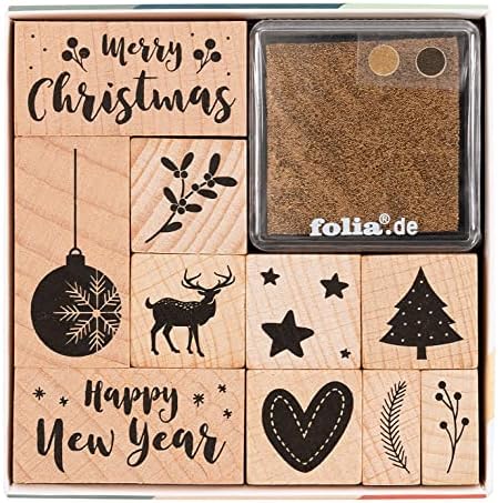 Houten stempelset KERSTMIS, incl. 10 stuks houten stempels en 2 inktkussens