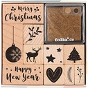 Houten stempelset KERSTMIS, incl. 10 stuks houten stempels en 2 inktkussens