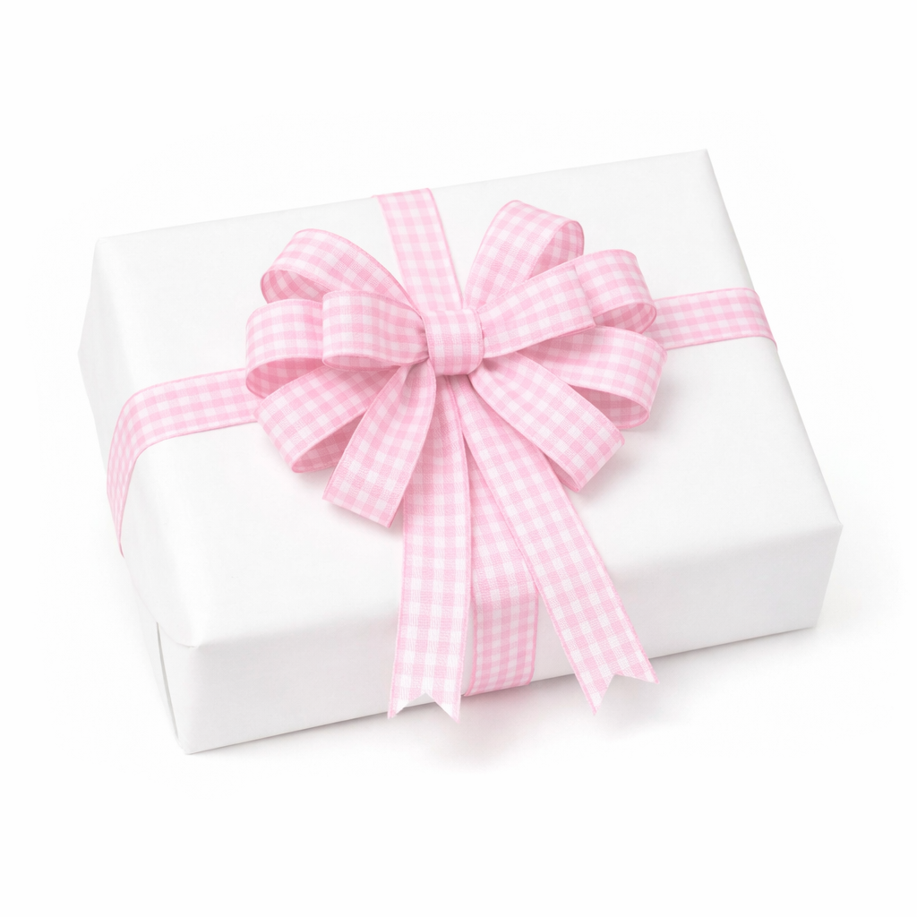 Geschenk met roze geruite strik.webp