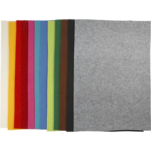 [CR45230] Hobbyvilt, A2, vel 420x594 mm, dikte 3 mm, diverse kleuren, 12 div vellen/ 1 doos