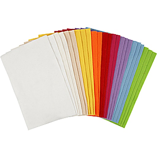 [CR45295] Feutrine synthétique, feuille 20x30 cm, ép. 1,5-2 mm, 180-200 gr, ass. de couleurs, 24 flles ass./ 1 Pq.