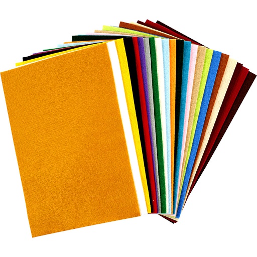 [CR45297] Hobbyvilt, vel 20x30 cm, dikte 1,5-2 mm, 180-200 gr, diverse kleuren, 24 div vellen/ 1 doos