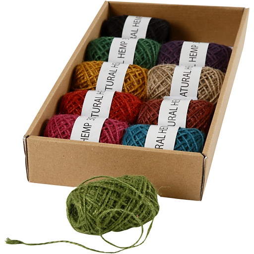 [CR50315] Ficelle de chanvre, ép. 1-2 mm, couleurs assorties, 10x30 m/ 1 Pq.