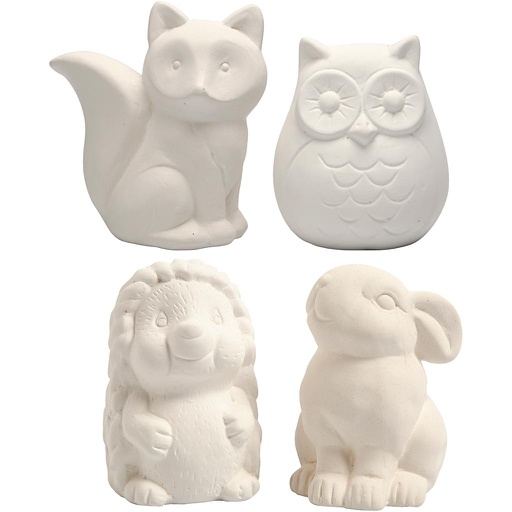 [CR50569] Tirelires en forme d'animaux, hibou, renard, hérisson, lièvre, H: 9-10 cm, blanc, 4 pièce/ 1 boîte