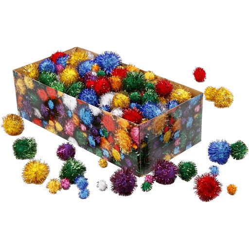 [CR51892] Pompons scintillants, d: 15-40 mm, paillettes, Couleurs vives, 400 gr/ 1 Pq.