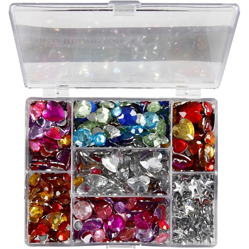 [CR52315] Pierres de strass en boîte, cercle, étoile, coeur, d 6+7+9+10+11+12+14+16 mm, bleu, rose, argent, 300 pièces/ 1 Pq.