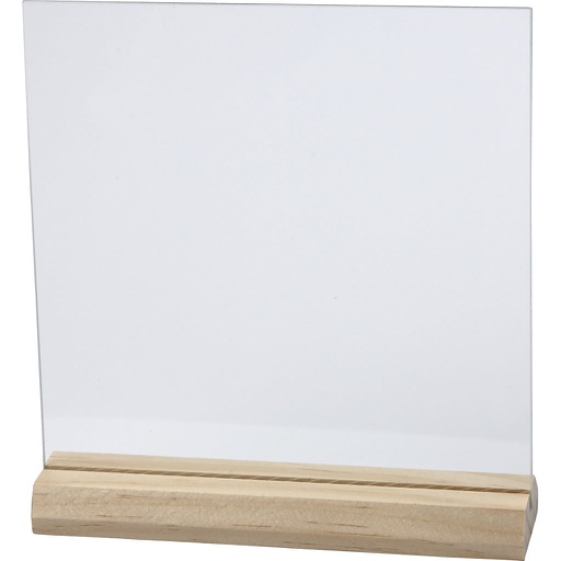 [CR55847] Glazen plaat met houten voet, afm 15,5x15,5 cm, dikte 28 mm, 10 set/ 1 karton