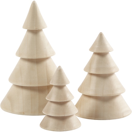 [CR56238] Kerstbomen van hout, H: 5+7,5+10 cm, d: 3,5+5,4+6,7 cm, 3 stuks