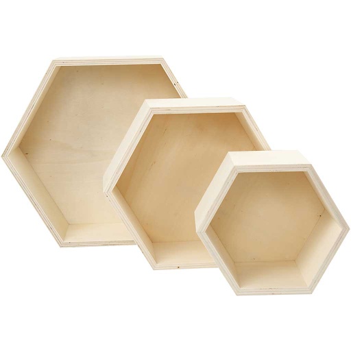 [CR56430] Boîtes de rangement, hexagonales, H: 14,8+19+24,2 cm, prof. 10 cm, 3 pièce/ 1 set