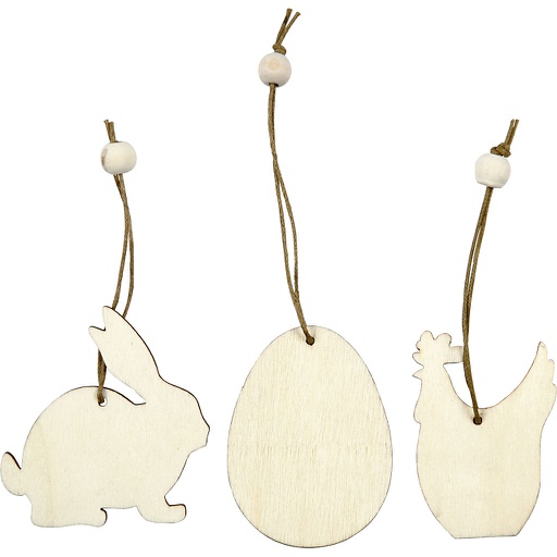 [CR56732] Décorations en bois, lapin, fleur, poulet, dim. 6 cm, ép. 3 mm, 9 pièce/ 1 Pq.