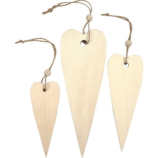 [CR56735] Houten decoraties, lang hart, H: 12+16+20 cm, dikte 5 mm, 3 stuks