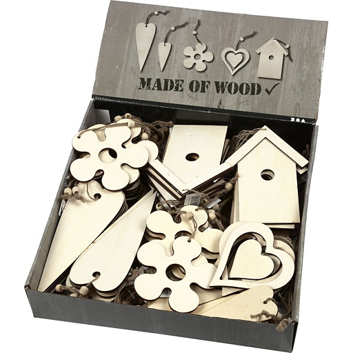 [CR56739] Houten decoraties, afm 6,5-21,5 cm, dikte 5 mm, 100 stuk/ 1 doos