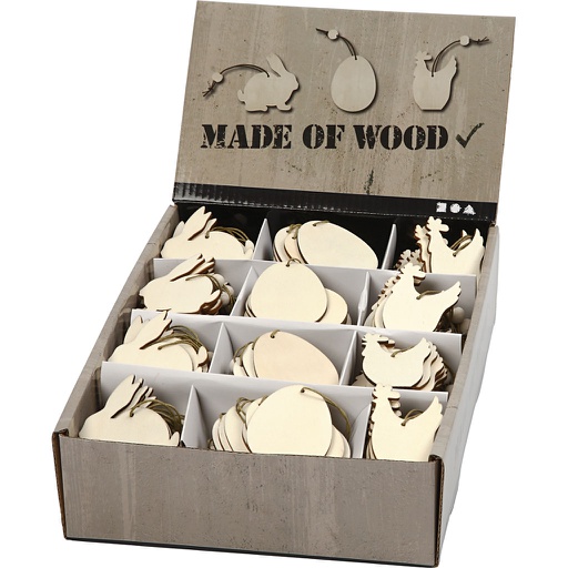 [CR56740] Décorations en bois, lapin, oeuf, poule, dim. 6 cm, ép. 3 mm, 200 pièces/ 1 Pq.