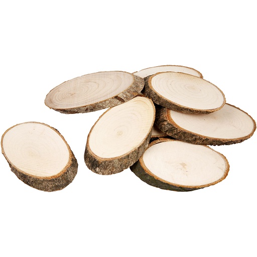 [CR56791] Houten schijf met bast, afm 7,5 x 4,5 cm, dikte 8 mm, 20 stuk/ 1 doos