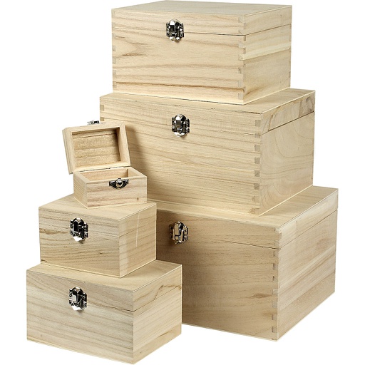 [CR57542] Set houten dozen, H: 5+7+9+11+13+15 cm, L: 8+11,8+15,8+20+24+27,7 cm, B: 5,8+8,8+12+15+18+21 cm, 6 stuk/ 1 set