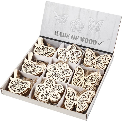[CR57971] Décorations en bois, papillon, fleur et oiseau, H: 10 cm, 90 pièce/ 1 Pq.