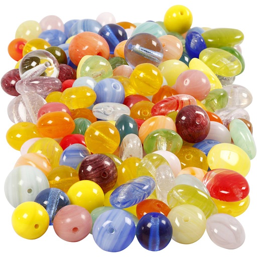[CR68425] Perles de verre, rond, ovale, circulaire, d: 6-13 mm, diamètre intérieur 0,5-1,5 mm, couleurs assorties, 350 gr/ 1 Pq.