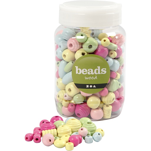 [CR684690] Houten kralen, assortiment vormen en kleuren, d: 10-15 mm, gatgrootte 3-5 mm, 175 gr - plastic emmer - Pastel