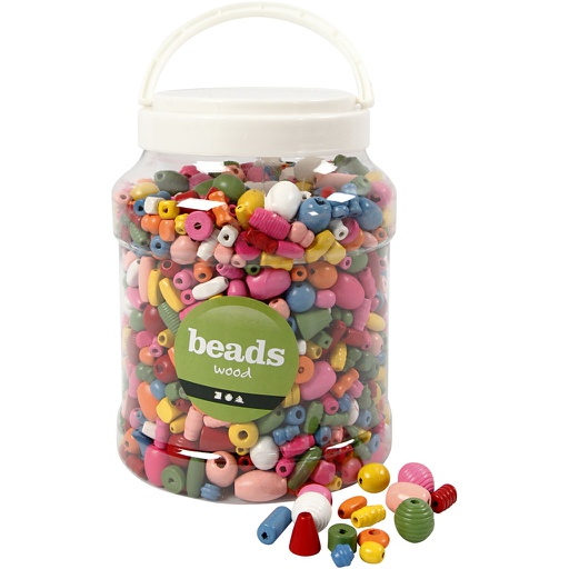 [CR68476] Houten kralen, assortiment vormen en kleuren, d: 5-28 mm - 850 gr - plastic emmer