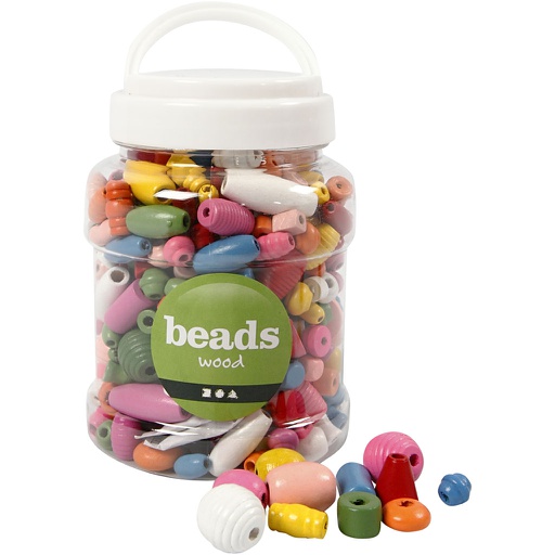 [CR684760] Houten kralen, assortiment vormen en kleuren, d: 5-28 mm - 175 gr - plastic emmer