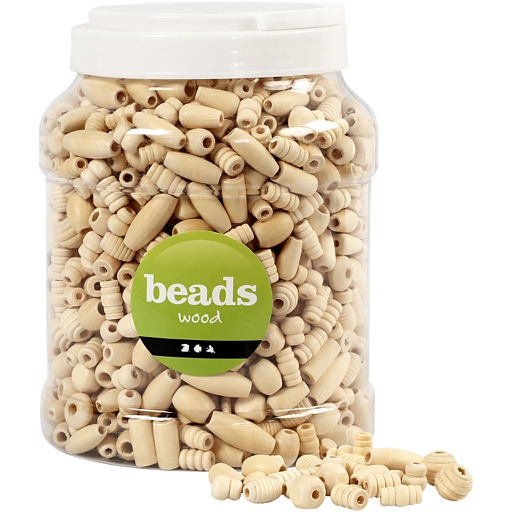 [CR68477] Perles en bois, dim. 5-28 mm, diamètre intérieur 2,5-3 mm, 2 L/ 1 seau, 850 gr