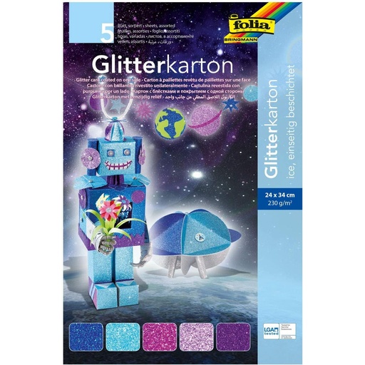[FOL85249] Carton paillettes 300g/m², GLACEES, 24x34cm, 5 flles, couleurs assorties