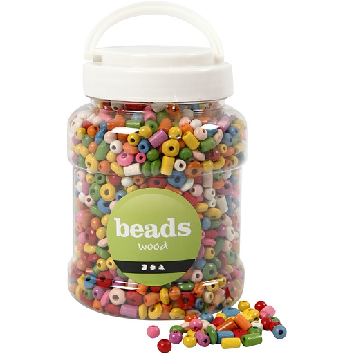 [CR68480] Houten kralen, assortiment vormen en kleuren, d: 5-28 mm - 175 gr - plastic emmer