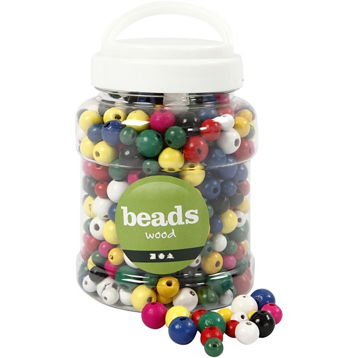 [CR68481] Houten kralen rond, assortiment kleuren en grootte, d: 8+10+12 mm, gatgrootte 2-2,5 mm,175 gr - plastic emmer