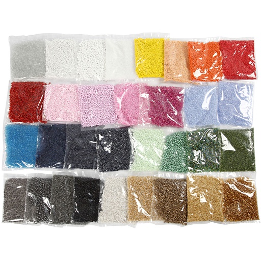 [CR68821] Rocailles, d: 1,7+3+4 mm, dim. 6/0+8/0+12/0 , diamètre intérieur 0,5-1,2 mm, 32x100 gr/ 1 Pq.