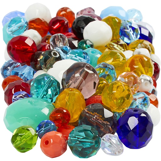 [CR69870] Mix de perles à facettes, dim. 3-15 mm, diamètre intérieur 0,5-1,5 mm, couleurs assorties, 400 gr/ 1 Pq.