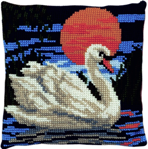 [PA4041#189] Kit coussin point de croix 40x40cm, Cygne coucher du soleil
