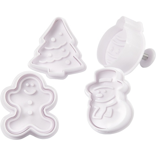 [CR782870] Emporte-pièces avec tampon, Sapin de Noël, bonhomme de neige, bonhomme en pain d'épice, boule de Noël, H: 5 cm, blanc, 4 pièce/ 1 Pq.
