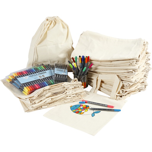[CR97075] Kit DIY groupe sacs à chaussures et sacs fourre-tout avec feutres, dim. 27,5x30 cm, ass. de couleurs, 1 set