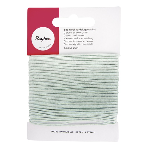 [R51691#08] Cordon en coton, ciré, bleu clair, 1mm, carte 20 m