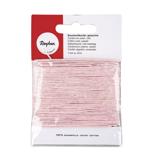 [R51691#16] Cordon en coton, ciré, rose, 1mm, carte 20 m