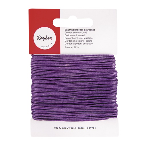 [R51691#39] Cordon en coton, ciré, lilas foncé, 1mm, carte 20 m