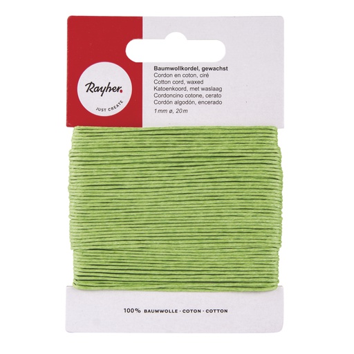 [R51691#85] Cordon en coton, ciré, vert mai, 1mm, carte 20 m
