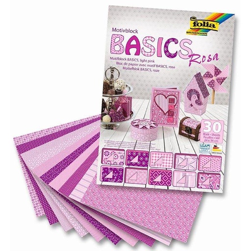 [FOL46#349] Bloc à motif "Basics", 24x34cm, 30 feuilles assorties - Rose