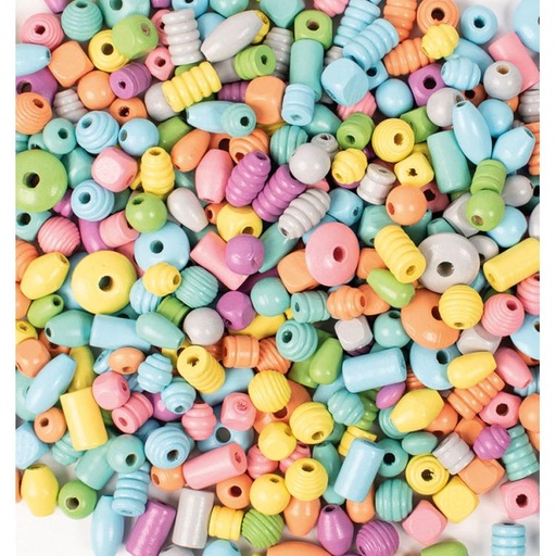 [100599] Houten kralen, assortiment vormen en kleuren, 200 gr - pastel