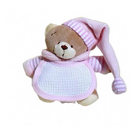 [BE017#RZ] Ours avec bavette en aida 12x11cm - Rose