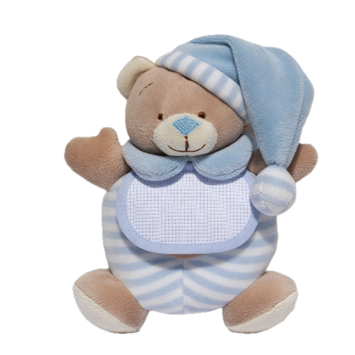 [BE018#BL] Ours avec bavette en aida 16x13cm - Bleu