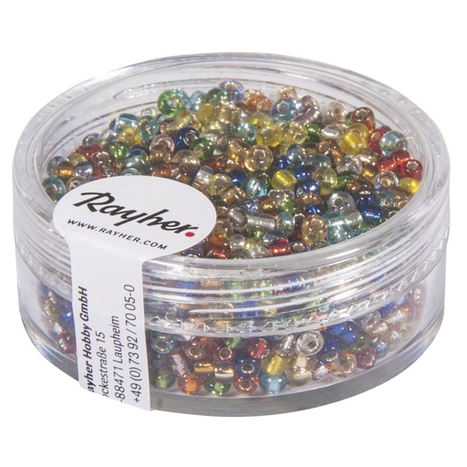 [R14064#49] Rocailles / Borduurkralen, 2 mm ø, met zilverkern, doosje 17 gr, assortiment