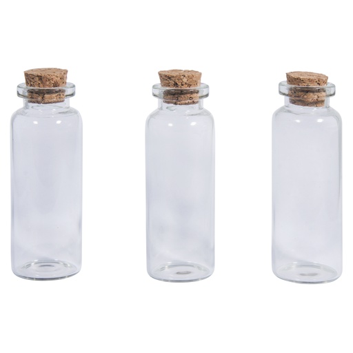 [R46295000] Récip.verre av. couvercle liège, ø2,3cm, 6,5cm, 20ml, ouverture 1,2cm,boîte 3pces
