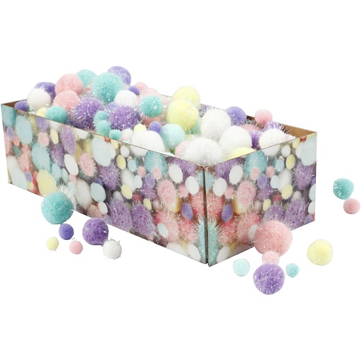 [CR51895] Pompons, d: 15-40 mm, paillettes, couleurs pastel, 400 gr/ 1 Pq.