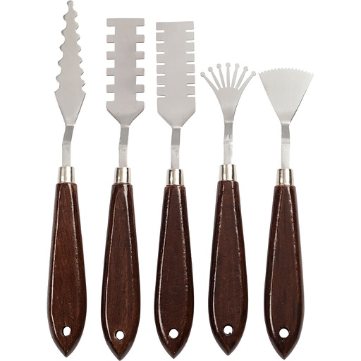 [CR10313] Paletmessen set met patroon, L: 17-21 cm, B: 2-3 cm, 5 stuks